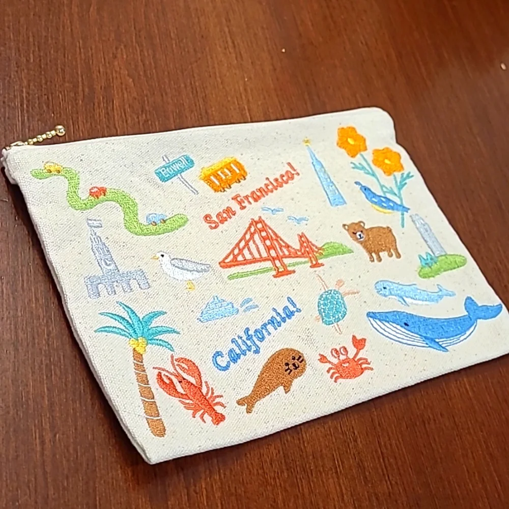 Anthropologie Canvas Embroidered San Francisco! Makeup Bag - NEW